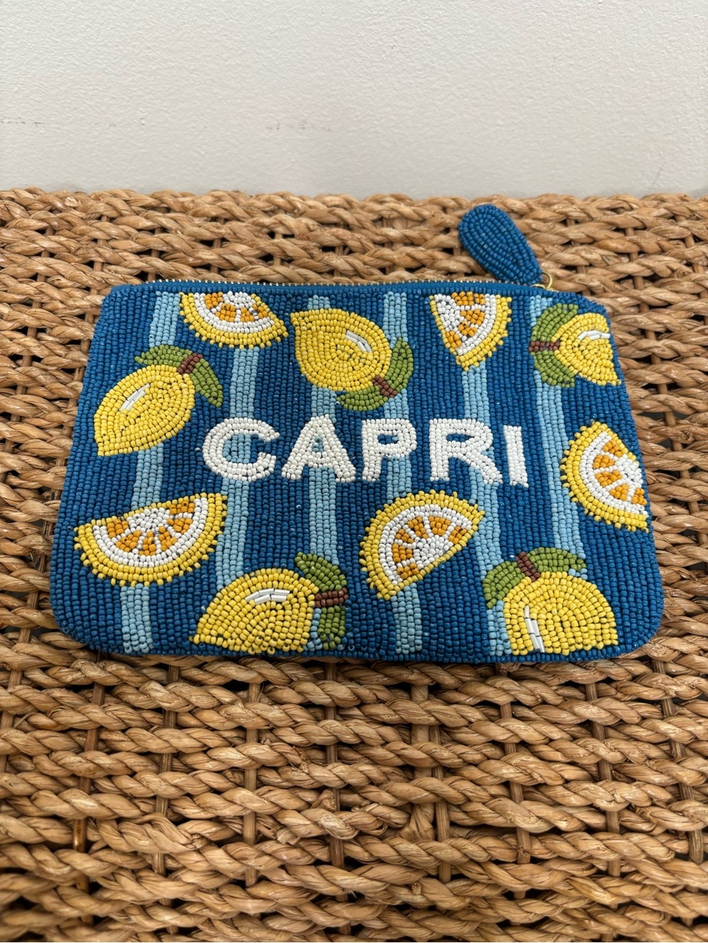 Anthropologie Capri Lemon Fiona Medium Beaded Pouch: City Edition
